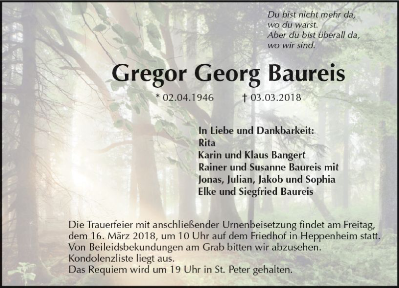  Traueranzeige für Gregor Georg Baureis vom 12.03.2018 aus Trauerportal Rhein Main Presse