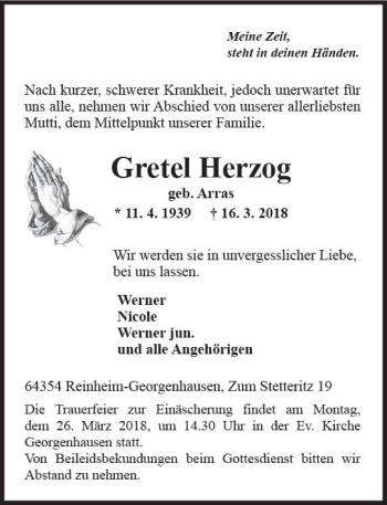 Traueranzeige von Gretel Herzog von Trauerportal Rhein Main Presse