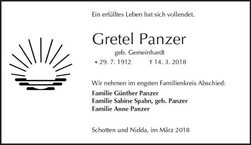  Traueranzeige für Gretel Panzer vom 24.03.2018 aus  Kreisanzeiger