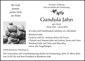 Traueranzeige von Gundula Jahn von Trauerportal Rhein Main Presse