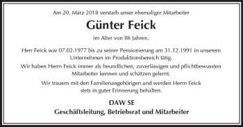 Traueranzeige von Günter Feick von Trauerportal Rhein Main Presse