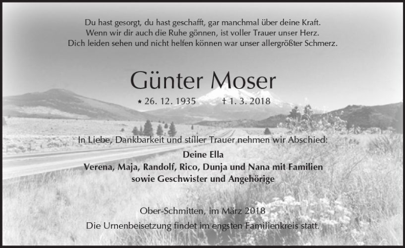  Traueranzeige für Günter Moser vom 10.03.2018 aus  Kreisanzeiger