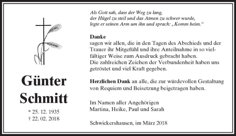  Traueranzeige für Günter Schmitt vom 15.03.2018 aus  Camberger Anzeiger