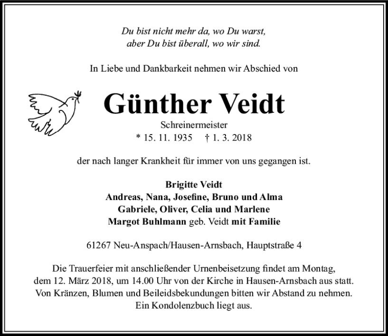  Traueranzeige für Günther Veidt vom 07.03.2018 aus  Usinger Anzeiger