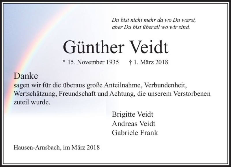  Traueranzeige für Günther Veidt vom 24.03.2018 aus  Usinger Anzeiger