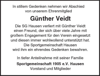 Traueranzeige von Günther Veidt von  Usinger Anzeiger