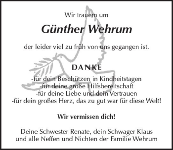 Traueranzeige von Günther Wehrum von  Gießener Anzeiger
