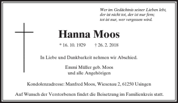 Traueranzeige von Hanna Moos von  Usinger Anzeiger