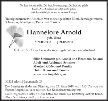 Traueranzeige von Hannelore Arnold von Trauerportal Rhein Main Presse