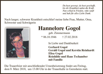 Traueranzeige von Hannelore Gogol von Trauerportal Rhein Main Presse