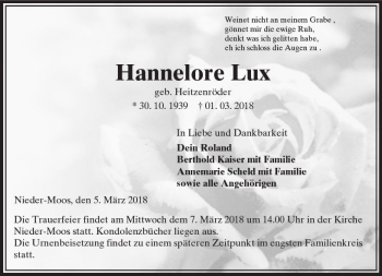 Traueranzeige von Hannelore Lux von VRM Trauer