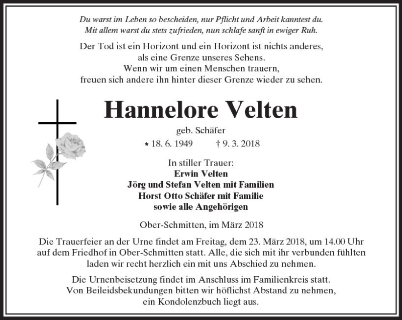  Traueranzeige für Hannelore Velten vom 17.03.2018 aus  Kreisanzeiger