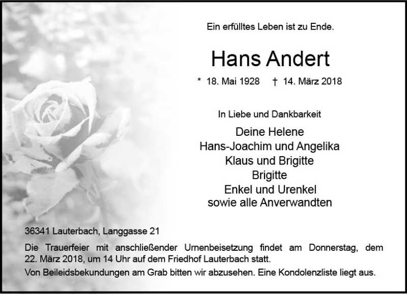  Traueranzeige für Hans Andert vom 20.03.2018 aus VRM Trauer