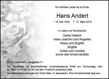 Traueranzeige von Hans Andert von VRM Trauer