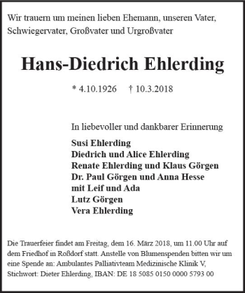 Traueranzeige von Hans-Diedrich Ehlerding von Trauerportal Rhein Main Presse