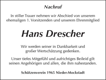 Traueranzeige von Hans Drescher von  Kreisanzeiger