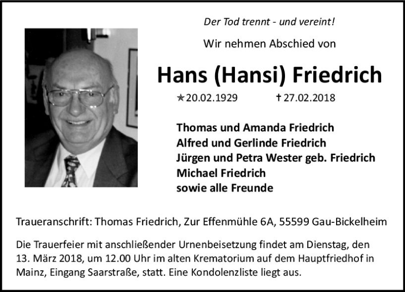  Traueranzeige für Hans Friedrich vom 10.03.2018 aus Trauerportal Rhein Main Presse