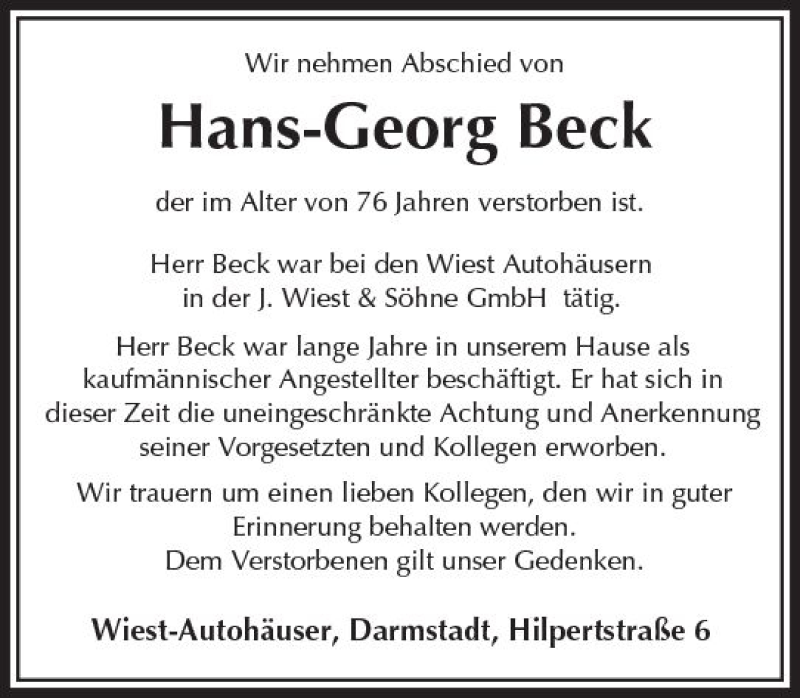  Traueranzeige für Hans-Georg Beck vom 24.03.2018 aus Trauerportal Rhein Main Presse