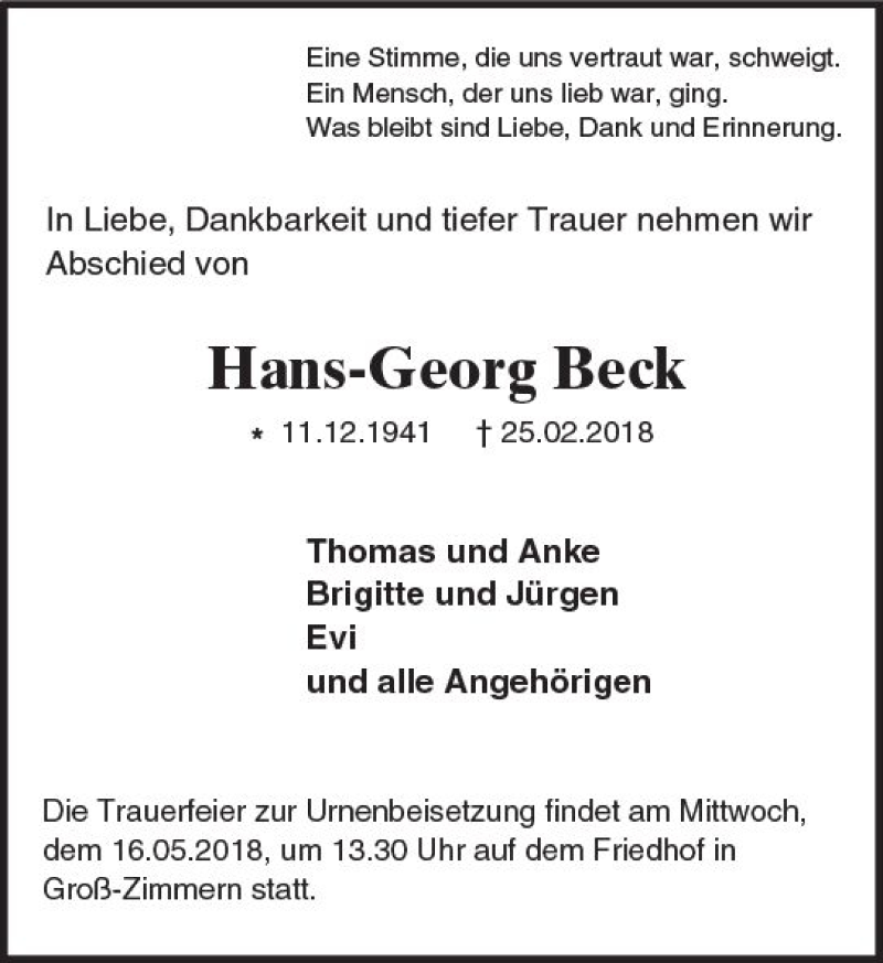  Traueranzeige für Hans-Georg Beck vom 24.03.2018 aus Trauerportal Rhein Main Presse