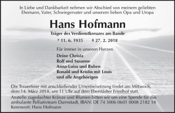 Traueranzeige von Hans Hofmann von Trauerportal Rhein Main Presse