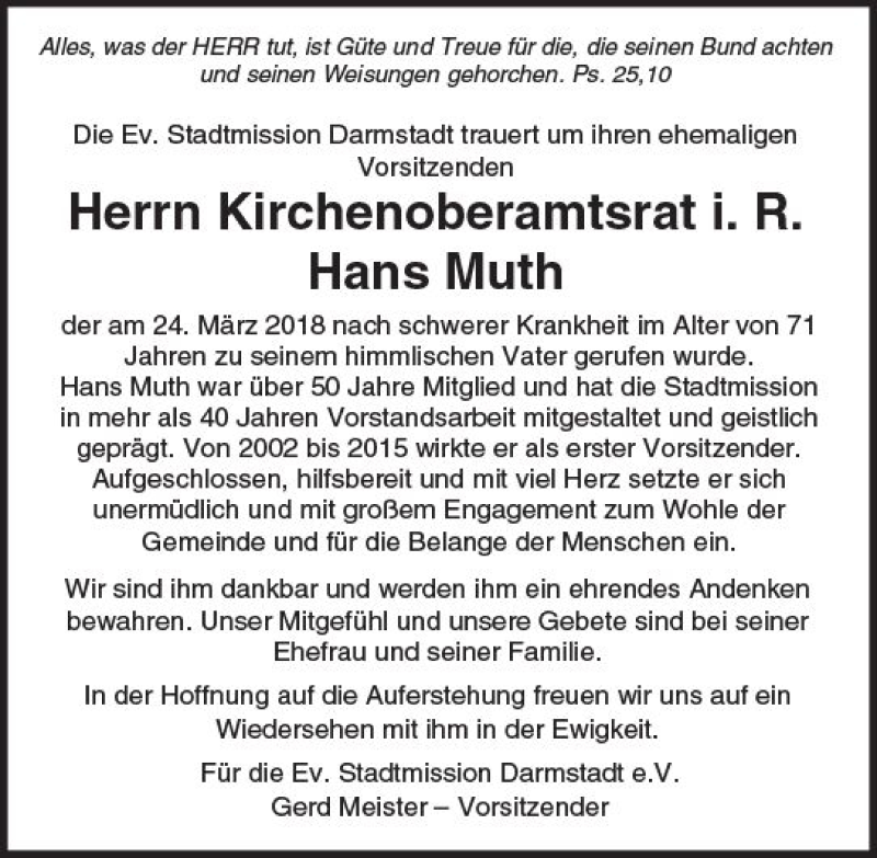  Traueranzeige für Hans Muth vom 29.03.2018 aus Trauerportal Rhein Main Presse
