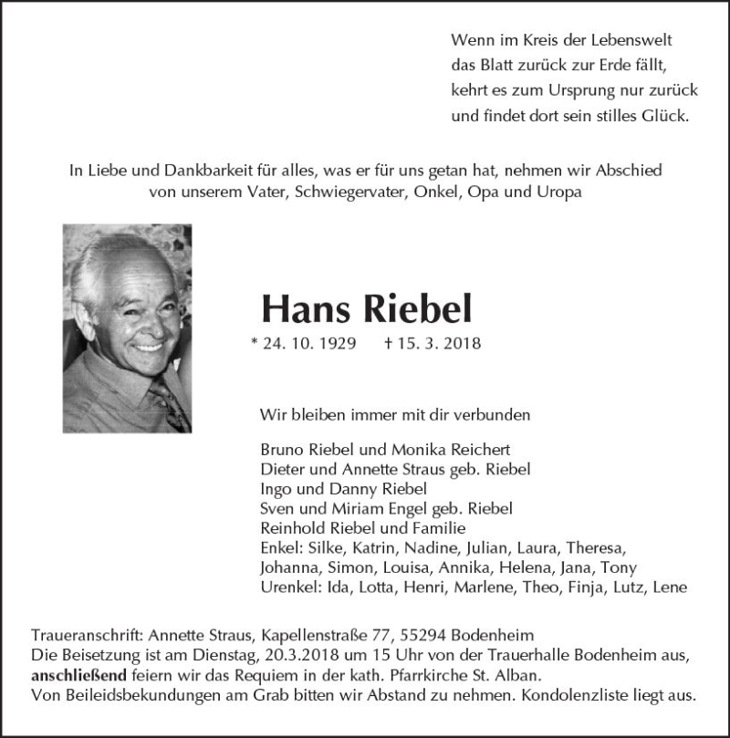  Traueranzeige für Hans Riebel vom 17.03.2018 aus Trauerportal Rhein Main Presse