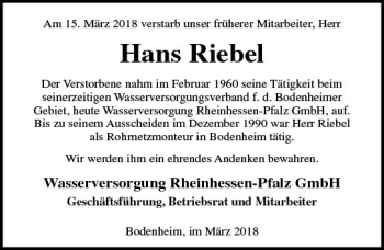 Traueranzeige von Hans Riebet von Trauerportal Rhein Main Presse