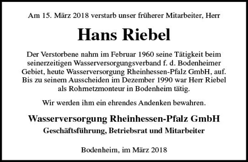 Traueranzeige für Hans Riebet vom 22.03.2018 aus Trauerportal Rhein Main Presse