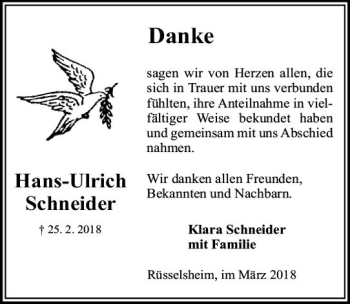 Traueranzeige von Hans-Ulrich Schneider von Trauerportal Rhein Main Presse