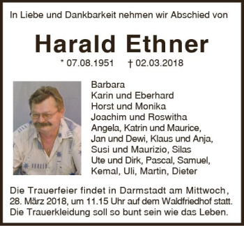 Traueranzeige von Harald Ethner von Trauerportal Rhein Main Presse