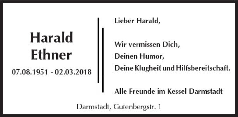  Traueranzeige für Harald Ethner vom 24.03.2018 aus Trauerportal Rhein Main Presse