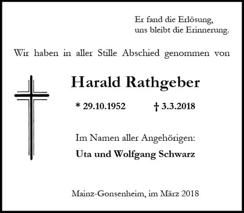  Traueranzeige für Harald Rathgeber vom 24.03.2018 aus Trauerportal Rhein Main Presse