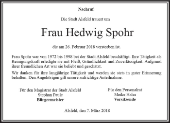 Traueranzeige von Hedwig Spohr von VRM Trauer