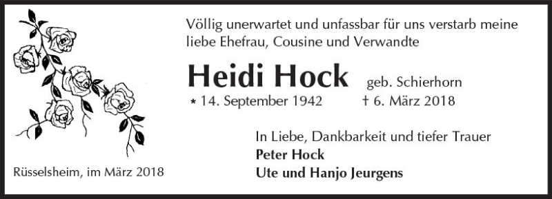  Traueranzeige für Heidi Hock vom 13.03.2018 aus Trauerportal Rhein Main Presse