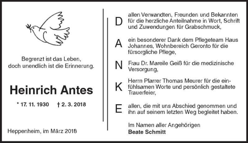  Traueranzeige für Heinrich Antes vom 31.03.2018 aus Trauerportal Rhein Main Presse