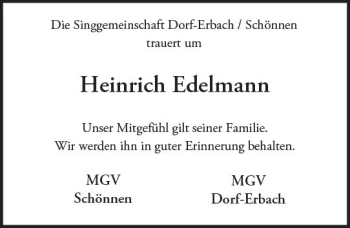 Traueranzeige von Heinrich Edelmann von Trauerportal Rhein Main Presse