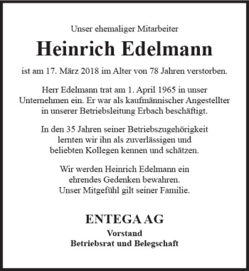Traueranzeige von Heinrich Edelmann von Trauerportal Rhein Main Presse