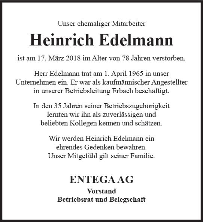  Traueranzeige für Heinrich Edelmann vom 24.03.2018 aus Trauerportal Rhein Main Presse