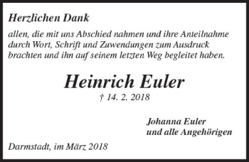 Traueranzeige von Heinrich Euler von Trauerportal Rhein Main Presse