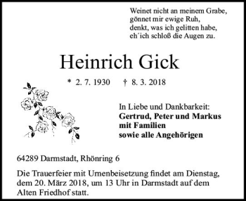 Traueranzeige von Heinrich Gick von Trauerportal Rhein Main Presse