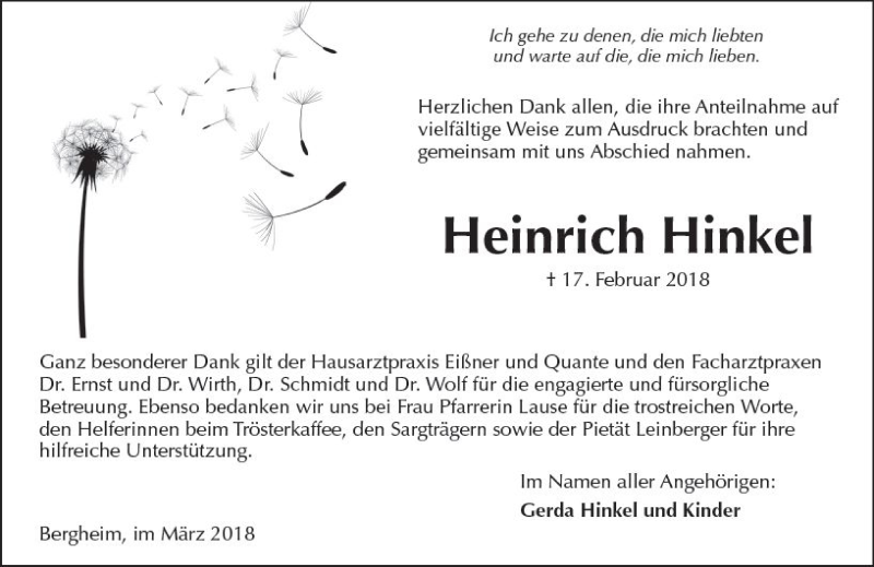  Traueranzeige für Heinrich Hinkel vom 24.03.2018 aus  Kreisanzeiger
