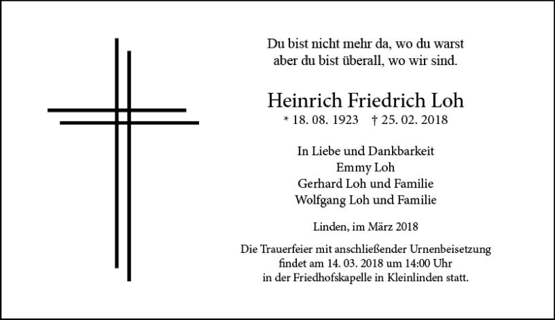 Traueranzeige für Heinrich Friedrich Loh vom 10.03.2018 aus  Gießener Anzeiger