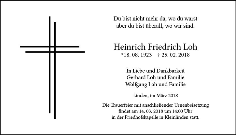  Traueranzeige für Heinrich Friedrich Loh vom 03.03.2018 aus  Gießener Anzeiger