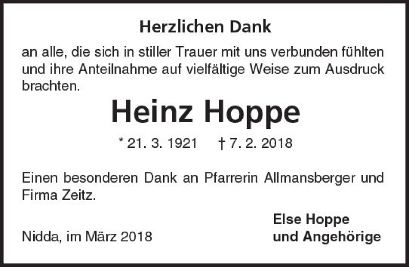  Traueranzeige für Heinz Hoppe vom 24.03.2018 aus  Kreisanzeiger