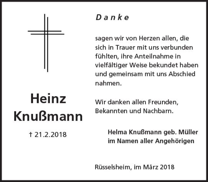  Traueranzeige für Heinz Knußmann vom 10.03.2018 aus Trauerportal Rhein Main Presse
