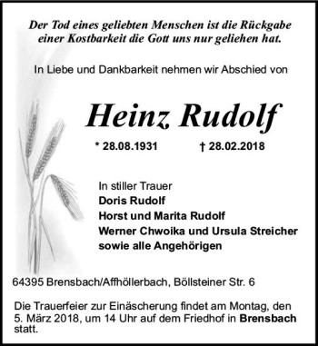 Traueranzeige von Heinz Rudolf von Trauerportal Rhein Main Presse