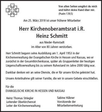 Traueranzeige von Heinz Schmitt von Trauerportal Rhein Main Presse
