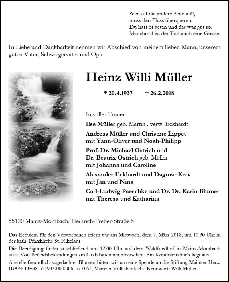  Traueranzeige für Heinz Willi Müller vom 03.03.2018 aus Trauerportal Rhein Main Presse