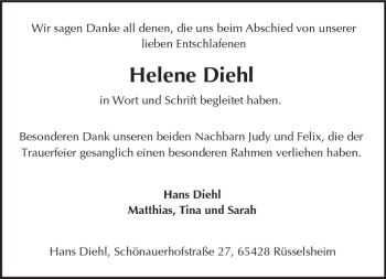 Traueranzeige von Helene Diehl von Trauerportal Rhein Main Presse