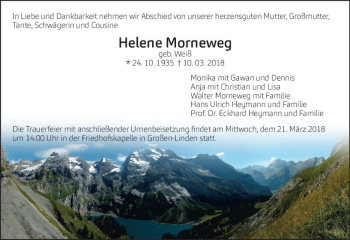 Traueranzeige von Helene Morneweg von  Gießener Anzeiger